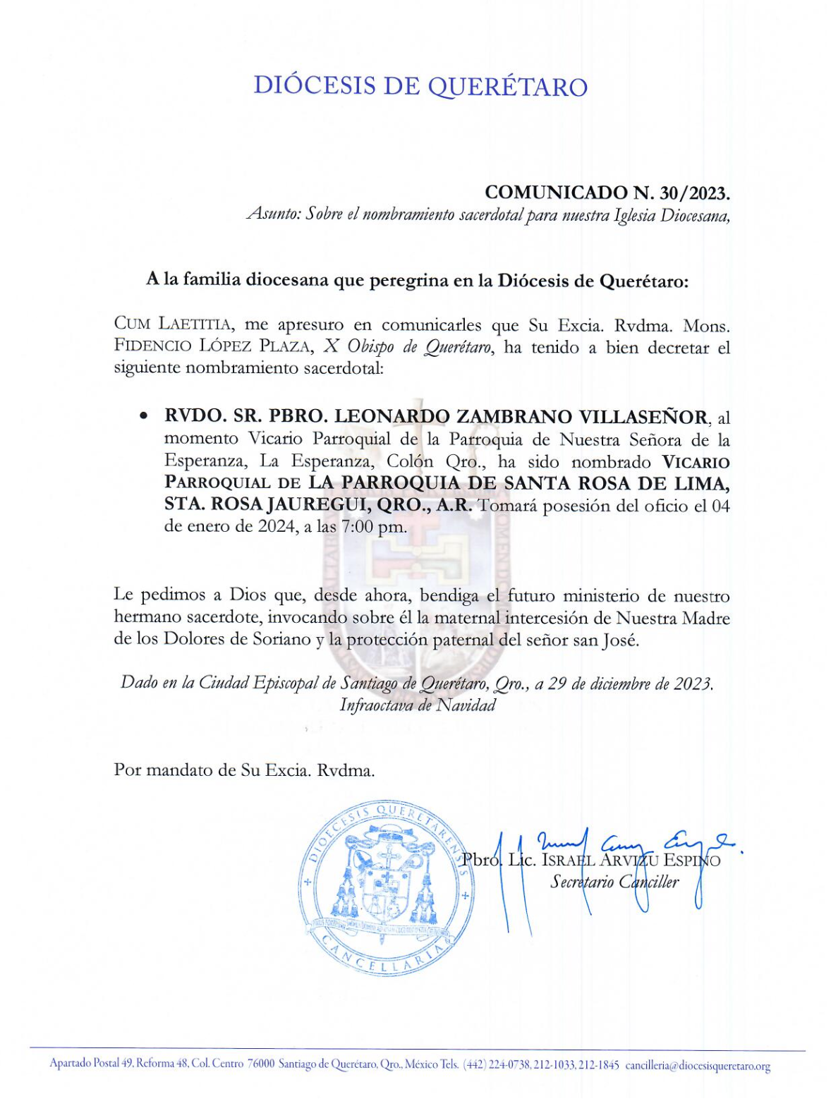 COMUNICADO N. 30/2023. Asunto: Sobre el  nombramiento sacerdotal  para nuestra Iglesia Diocesana.